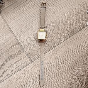 Gold Square Face Watch with Tan Strap